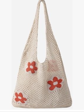 Boho Crochet Floral Tote Bag - Cream with Coral Flowers